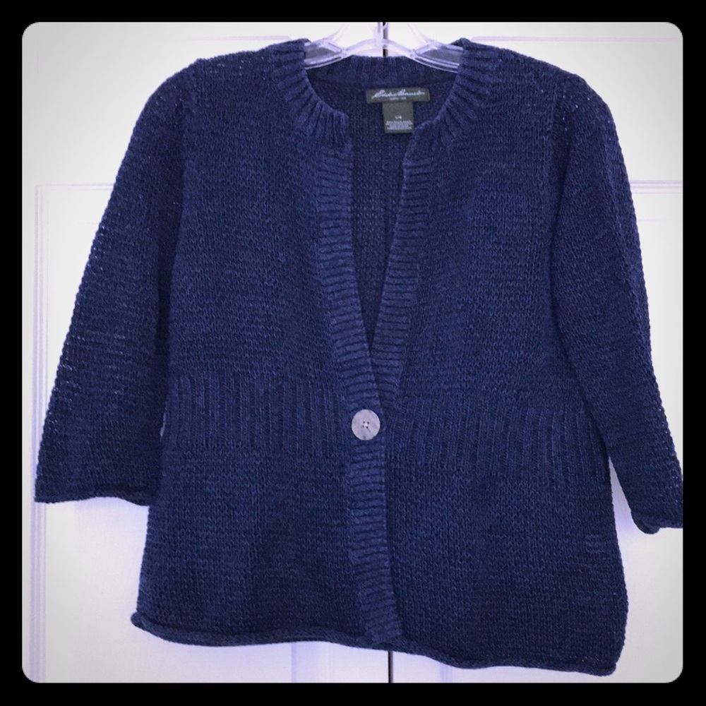 Navy blue knit Eddie Bauer cardigan, size L